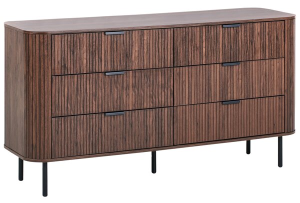 Komoda tmavohnedá čierne nohy MDF kov retro 6 zásuviek úložný priestor obývacia izba spálňa