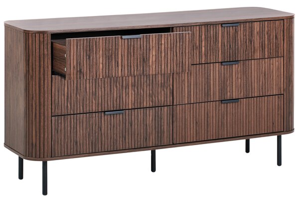 Komoda tmavohnedá čierne nohy MDF kov retro 6 zásuviek úložný priestor obývacia izba spálňa