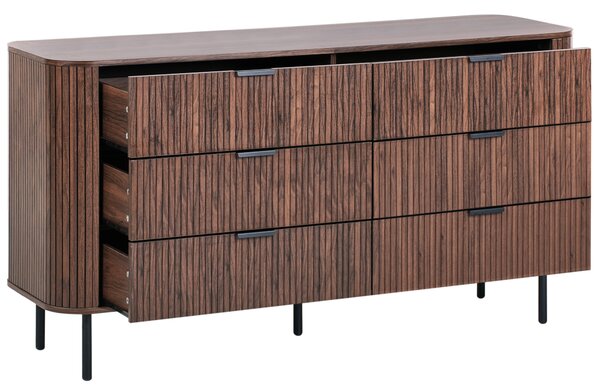 Komoda tmavohnedá čierne nohy MDF kov retro 6 zásuviek úložný priestor obývacia izba spálňa