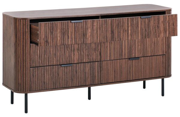 Komoda tmavohnedá čierne nohy MDF kov retro 6 zásuviek úložný priestor obývacia izba spálňa