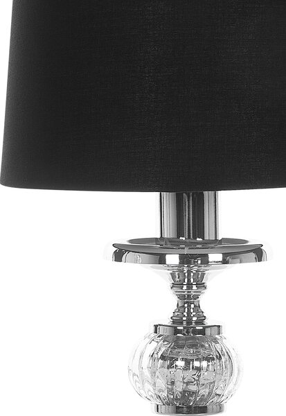 Stolná lampa na nočný stolík čierne látkové tienidlo strieborný kovový podstavec glamour štýl obývacia izba spálňa