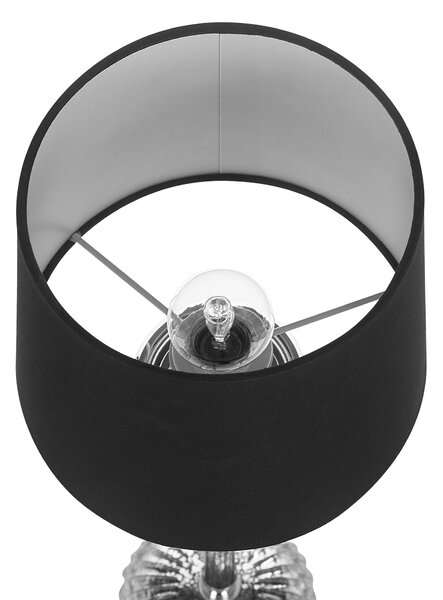 Stolná lampa na nočný stolík čierne látkové tienidlo strieborný kovový podstavec glamour štýl obývacia izba spálňa