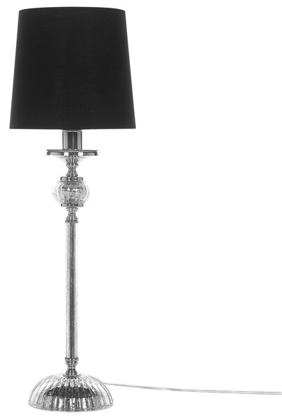 Stolná lampa na nočný stolík čierne látkové tienidlo strieborný kovový podstavec glamour štýl obývacia izba spálňa