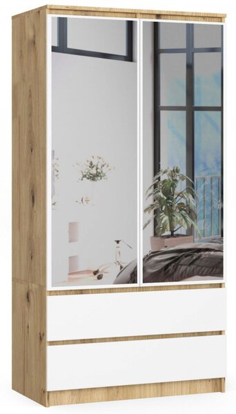 Šatníková skriňa so zrkadlom S90 2D2SZ - dub artisan/biela