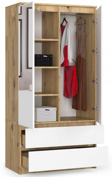 Šatníková skriňa so zrkadlom S90 2D2SZ - dub artisan/biela