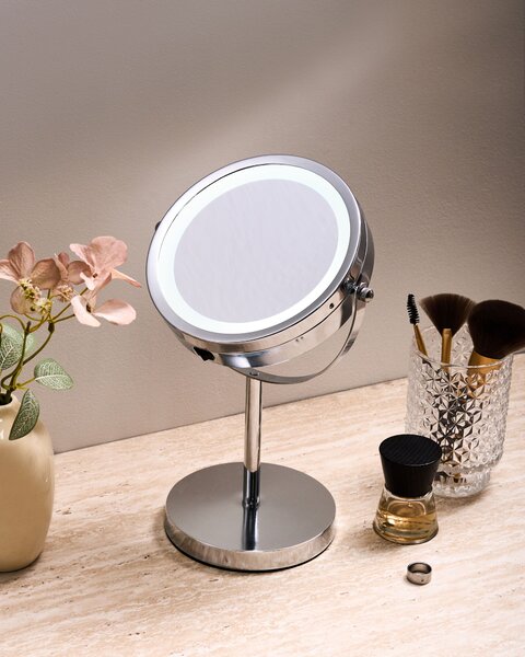 Kozmetické zrkadlo strieborná kov sklo ø 20 cm okrúhly tvar s LED svetlom zväčšovacie moderný glamour štýl doplnky