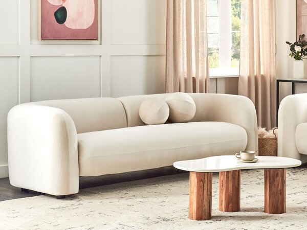 Pohovka krémová biela zamatové čalúnenie 3-miestna extra vankúše retro glamour art deco štýl obývačka
