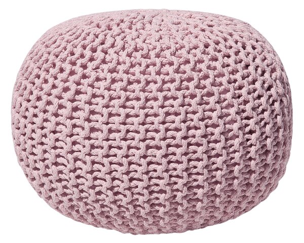 Puf taburetka ružová okrúhla bavlnená 50 x 35 cm pletená podnožka výplň z polystyrénového granulátu