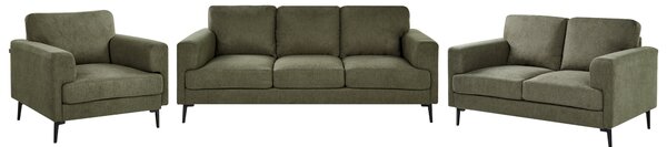 Sedacia súprava zelené látkové čalúnenie železné nohy dvoj a trojmiestna pohovka kreslo minimalistický štýl mid century modern