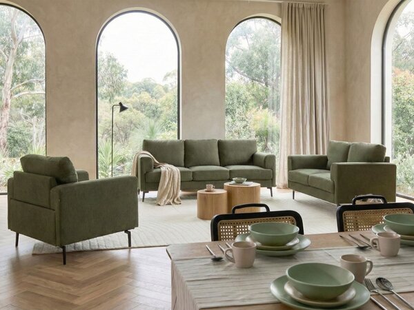 Sedacia súprava zelené látkové čalúnenie železné nohy dvoj a trojmiestna pohovka kreslo minimalistický štýl mid century modern