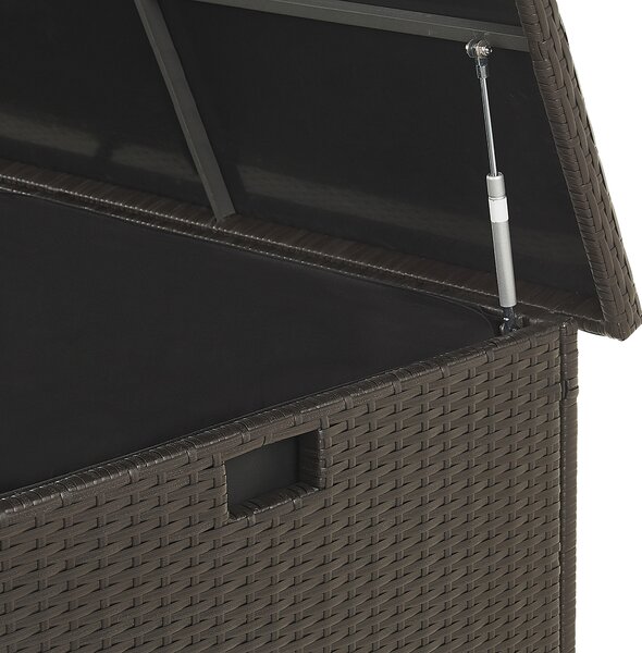 Vonkajší úložný box hnedý umelý ratan 155 x 75 cm záhradný box na vankúše moderný štýl terasa záhrada