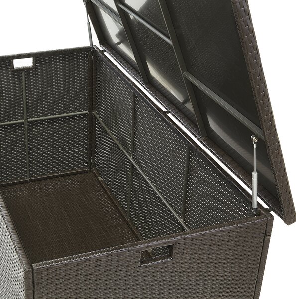 Vonkajší úložný box hnedý umelý ratan 155 x 75 cm záhradný box na vankúše moderný štýl terasa záhrada