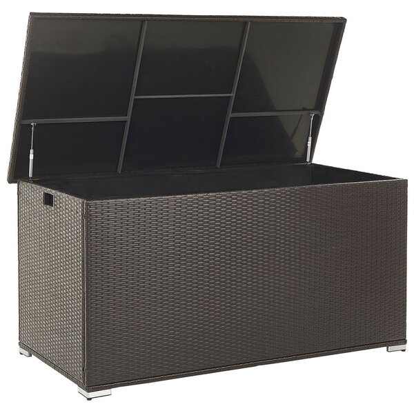 Vonkajší úložný box hnedý umelý ratan 155 x 75 cm záhradný box na vankúše moderný štýl terasa záhrada