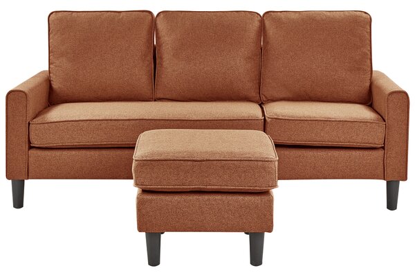 Pohovka zlatohnedá látková čalúnená 3 miestna s taburetom mid century modern obývacia izba