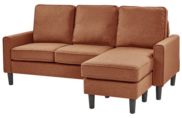 Pohovka zlatohnedá látková čalúnená 3 miestna s taburetom mid century modern obývacia izba