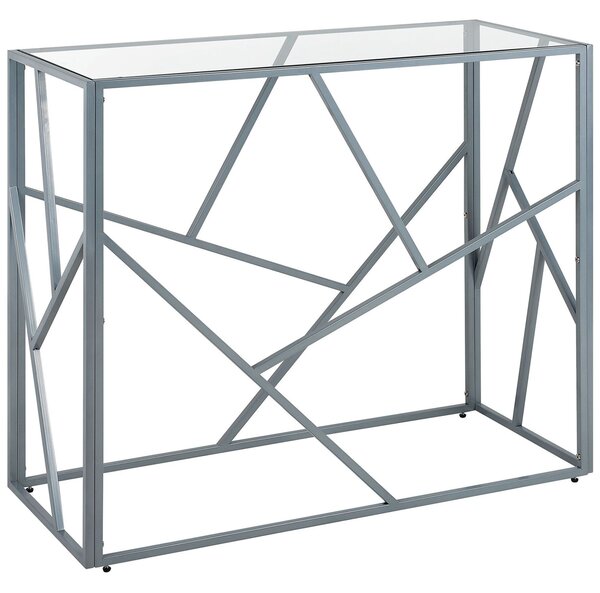 Konzolový stolík strieborný kovový rám sklenená vrchná doska 85 x 100 x 40 cm geometrický dizajn glamour štýl obývačka
