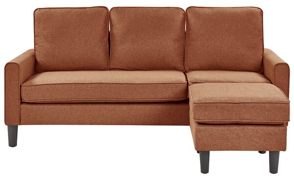 Pohovka zlatohnedá látková čalúnená 3 miestna s taburetom mid century modern obývacia izba