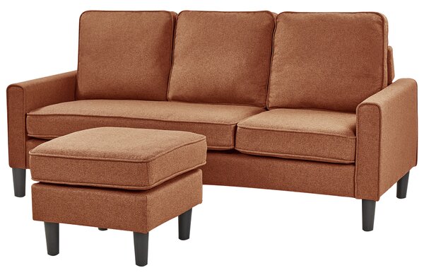Pohovka zlatohnedá látková čalúnená 3 miestna s taburetom mid century modern obývacia izba