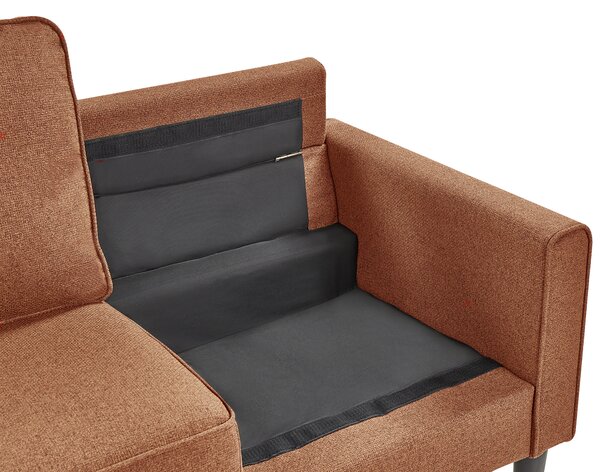 Pohovka zlatohnedá látková čalúnená 3 miestna s taburetom mid century modern obývacia izba
