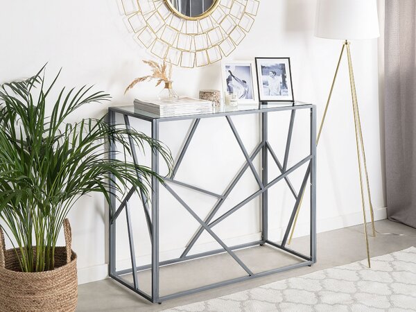 Konzolový stolík strieborný kovový rám sklenená vrchná doska 85 x 100 x 40 cm geometrický dizajn glamour štýl obývačka