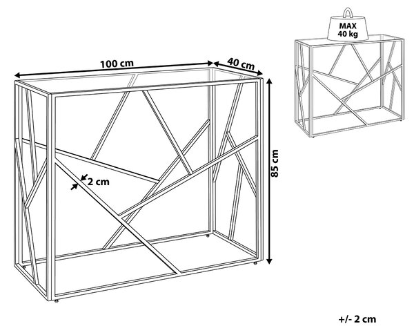 Konzolový stolík zlatý kovový rám sklenená vrchná doska 85 x 100 x 40 cm geometrický dizajn glamour štýl obývačka