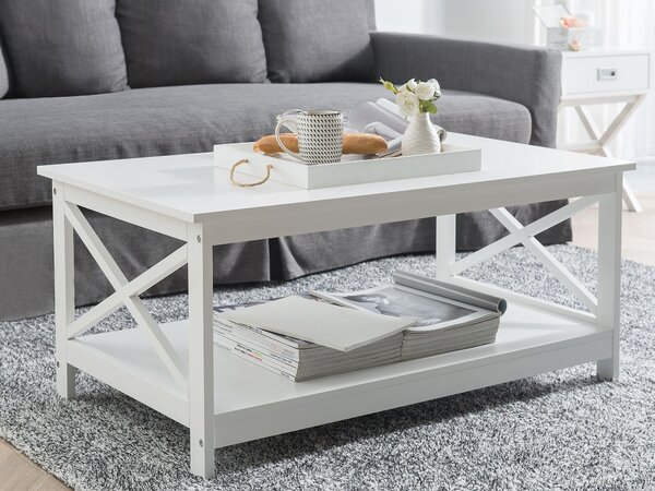 Konferenčný stolík biely MDF 100 x 55 cm obdĺžnikový s policou moderný škandinávsky štýl