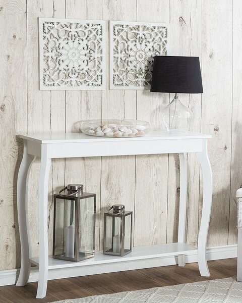 Konzolový stolík biely MDF drevotrieska 100 x 30 cm s policou klasický dizajn obývacia izba