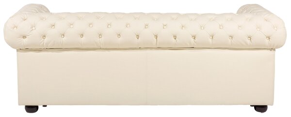 Sedacia súprava chesterfield svetlobéžová kožená čalúnená tmavé drevené nohy 3-miestna pohovka s kreslom moderná