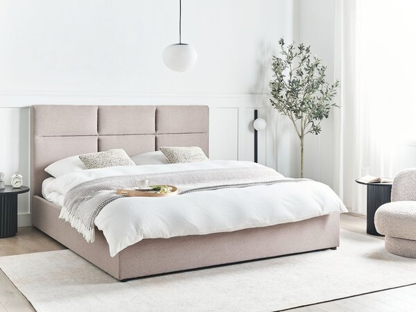 Posteľ s úložným priestorom sivobéžová látkové čalúnenie polyester 180 x 200 cm s čelom moderný štýl spálňa