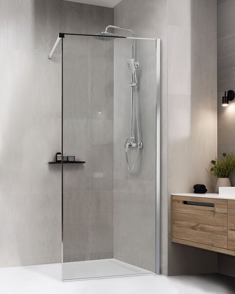 Sprchová zástena strieborná z tvrdeného skla 80 x 190 cm rám z nerezovej ocele bezdverový bezbariérový sprchovací kút moderný štýl kúpeľňa