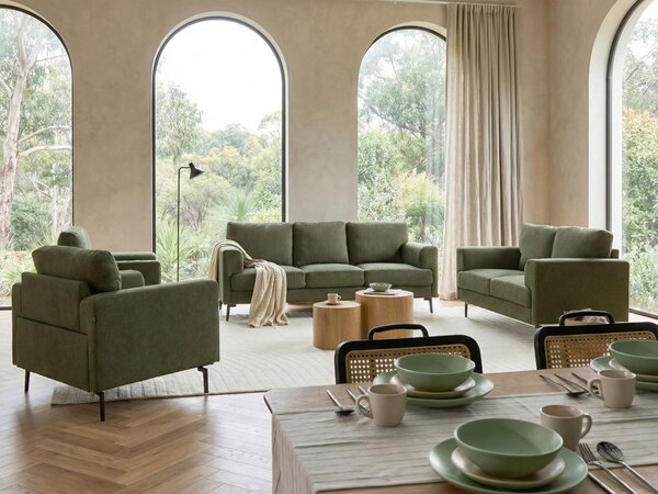 Sedacia súprava zelené látkové čalúnenie železné nohy dvoj a trojmiestna pohovka 2 kreslá minimalistický štýl mid century modern