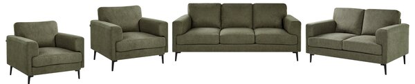 Sedacia súprava zelené látkové čalúnenie železné nohy dvoj a trojmiestna pohovka 2 kreslá minimalistický štýl mid century modern