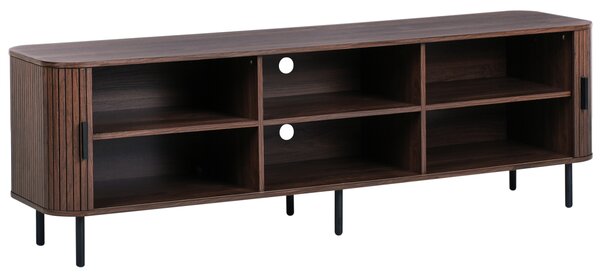 TV stolík tmavohnedý čierne nohy MDF kov retro štýl posuvné dvierka obývacia izba