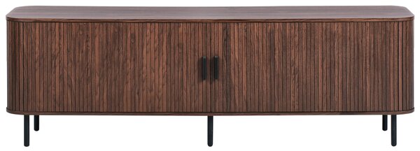 TV stolík tmavohnedý čierne nohy MDF kov retro štýl posuvné dvierka obývacia izba