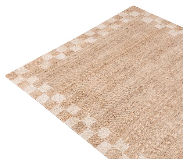 Koberec svetlobéžový juta bavlna 160 x 230 cm obdĺžnikový pletený kockovaný okraj rustikálny štýl obývacia izba spálňa