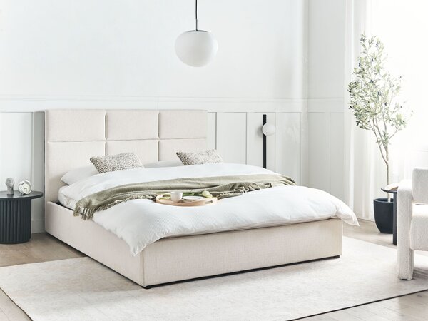 Posteľ s úložným priestorom krémová biela látkové čalúnenie polyester 160 x 200 cm s čelom moderný štýl spálňa