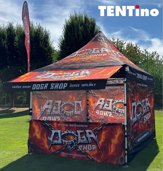 TENTino SET - Nožnicový párty stan 3x3 m EXTRA HIGH ROOF s jednostrannou potlačou Plachtovina (nůžk.stany s potiskem): polyester 300 g/m2, Typ konštrukcie: BIG HEXAGON S VYŠŠÍ ŠPICÍ, POTLAČ - strecha + bočnice: střecha + 4x boční strana