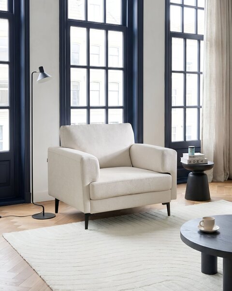 Kreslo svetlobéžové látkové čalúnenie železné nohy minimalistický štýl mid century modern