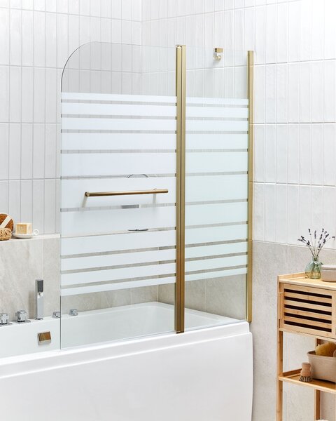 Sprchová zástena na vaňu s dvierkami zlatá priehľadná matné tvrdené sklo hliník nehrdzavejúca oceľ 140 x 120 cm minimalistický dizajn