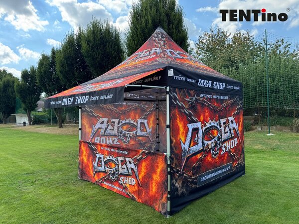 TENTino SET - Nožnicový párty stan 3x3 m EXTRA HIGH ROOF s jednostrannou potlačou Plachtovina (nůžk.stany s potiskem): polyester 300 g/m2, Typ konštrukcie: BIG HEXAGON S VYŠŠÍ ŠPICÍ, POTLAČ - strecha + bočnice: střecha + 4x boční strana