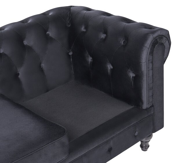 Sedacia súprava chesterfield čierna zamatová čalúnená tmavé drevené nohy 3-miestna pohovka s kreslom moderná