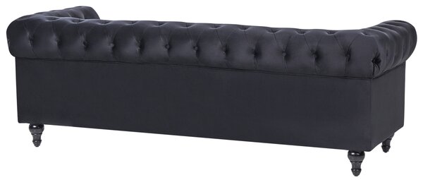 Sedacia súprava chesterfield čierna zamatová čalúnená tmavé drevené nohy 3-miestna pohovka s kreslom moderná