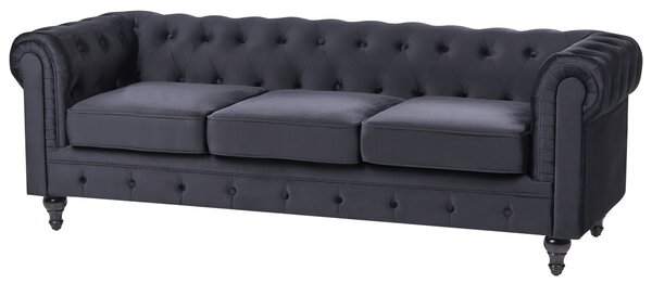Sedacia súprava chesterfield čierna zamatová čalúnená tmavé drevené nohy 3-miestna pohovka s kreslom moderná