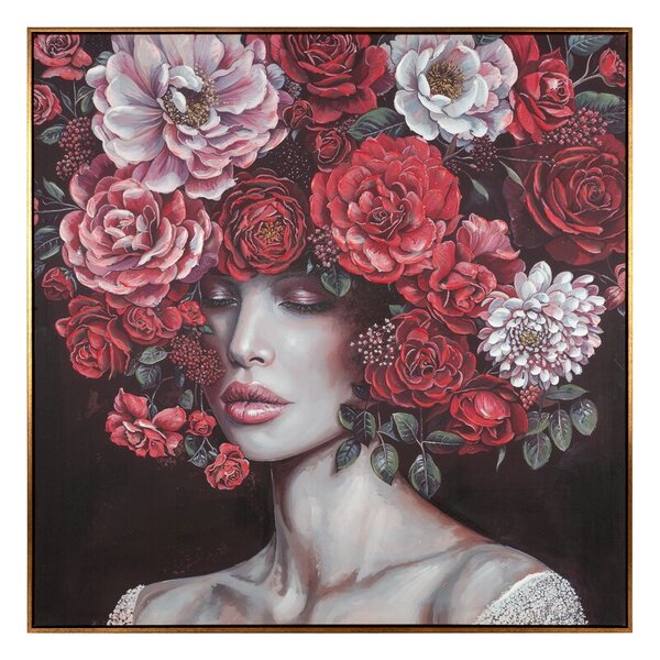 Dekorstudio Ručne maľovaný obraz na plátne s motívom ženy s ružami 100x100cm - červený