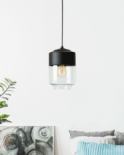 Závesná lampa čierna kovová a sklenená s valcovým tienidlom industriálny dizajn svietidlo do obývačky a jedálne