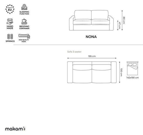 Khaki menčestrová rozkladacia pohovka 195 cm Nona – Makamii