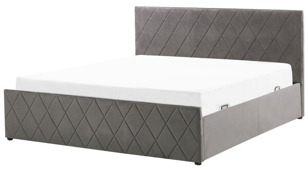 Posteľ s úložným priestorom sivá zamat 180 x 200 cm prešívané čalúnenie s čelom lamelový rošt moderný štýl spálňa