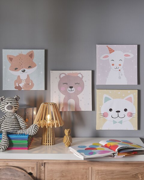 Sada 4 obrazov na plátne viacfarebná nylon MDF 30 x 30 cm štvorcový tvar motív zvierat moderný štýl detská izba