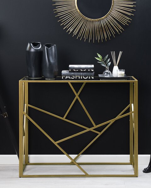 Konzolový stolík zlatý kovový rám sklenená vrchná doska 85 x 100 x 40 cm geometrický dizajn glamour štýl obývačka