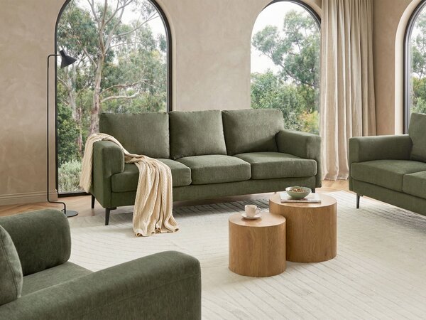 3-miestna pohovka zelené látkové čalúnenie železné nohy minimalistický štýl mid century modern